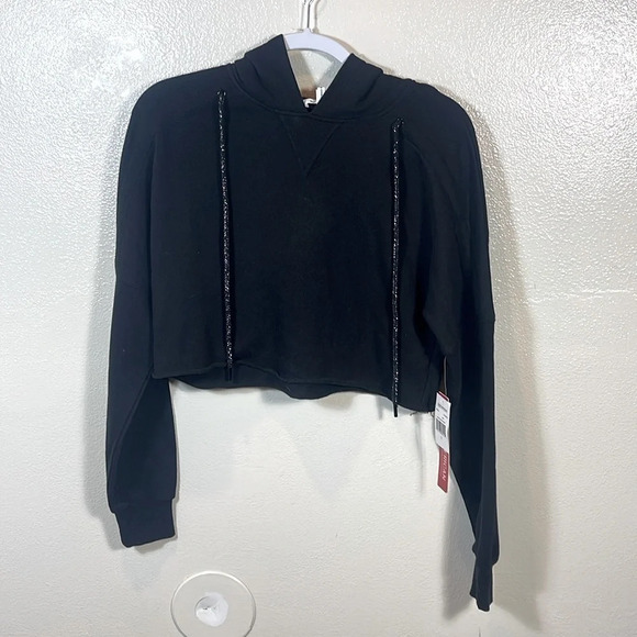 GOOD AMERICAN Ruched Crop Black Hoodie size 2/ medium - Picture 2 of 11